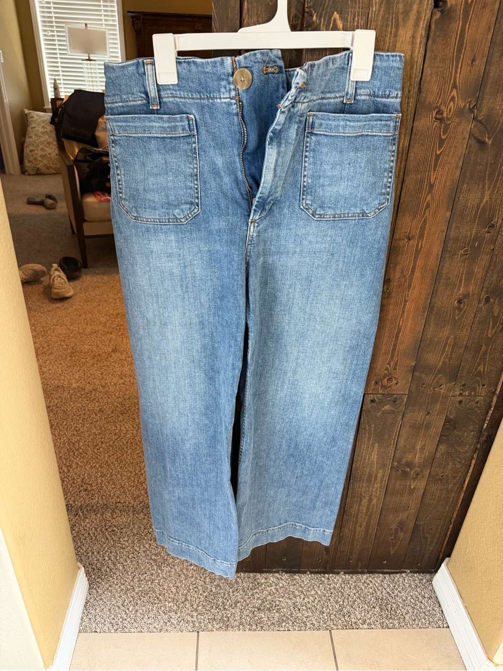 Maeve Light Blue Wide-Leg Patch-Pocket Jeans